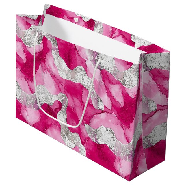 Pink Silver Glam Birthday Große Geschenktüte (Vorderseite Schrägansicht)