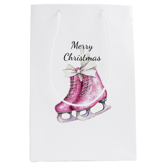 Pink Silver Glam Ice Skate Weihnachten Mittlere Geschenktüte (Vorderseite)