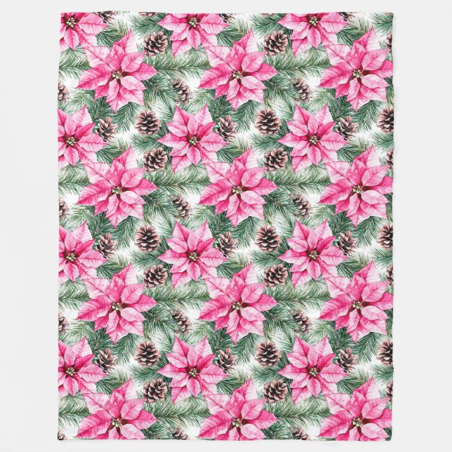 Pink Silver Glam Poinsettia Flowers Christmas Fleecedecke (Vorderseite)