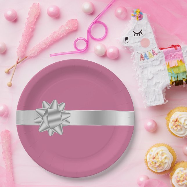 Pink Silver Glam Ribbon Bow Geburtstag Pappteller (Party)