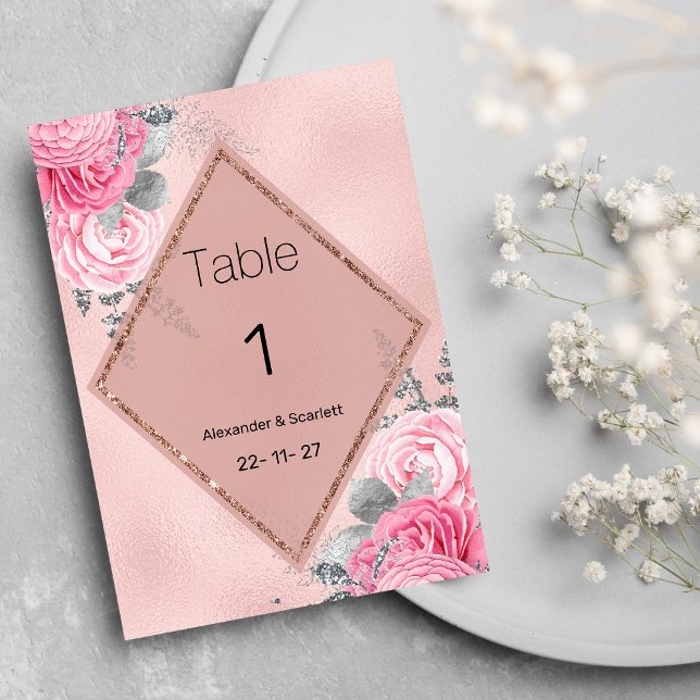 Pink silver glitter peony floral Table Numbers Einladung (Pink silver glitter peony floral Table Numbers )