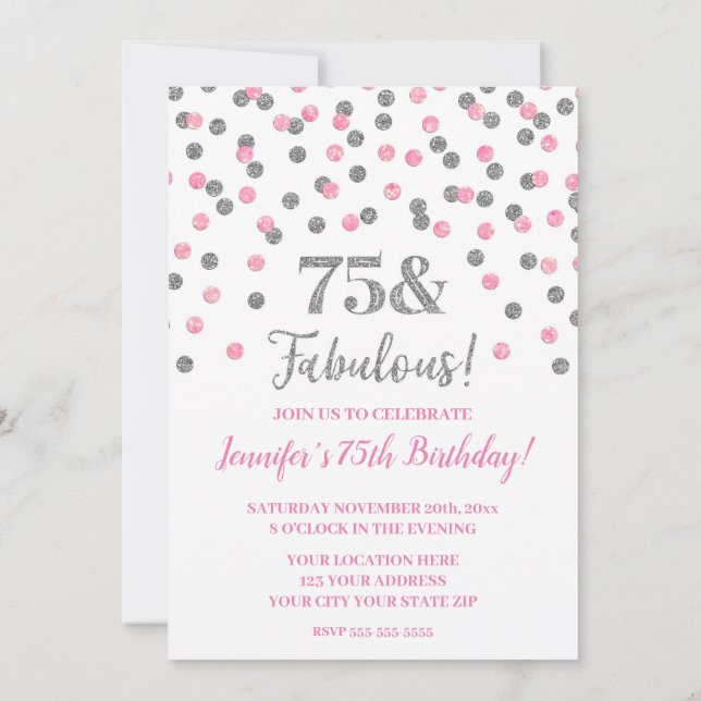 Pink Silver Glitzer Confetti 75 und fabelhaft Einladung (Rückseite)