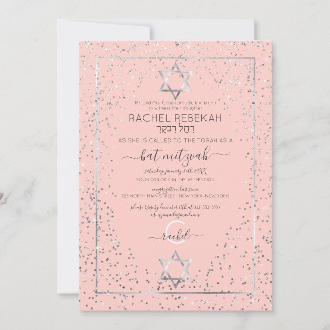 Pink Silver Glitzer Confetti Border Bat Mitzvah Einladung (Vorderseite)