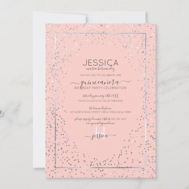 Pink Silver Glitzer Confetti Border Quinceañera Einladung (Vorderseite)