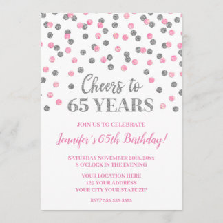 Pink Silver Glitzer Confetti jubelt auf 65 Jahre Einladung