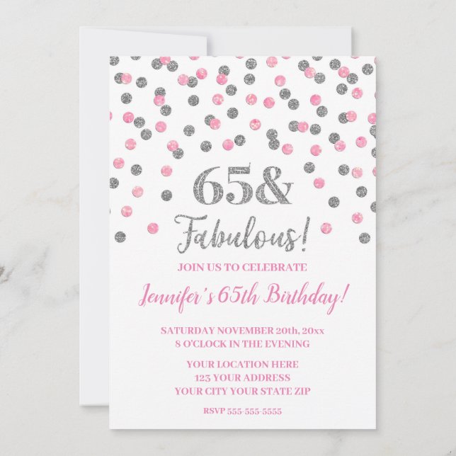 Pink Silver Glitzer Confetti jubelt auf 65 Jahre Einladung (Rückseite)
