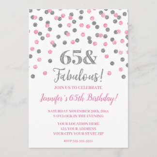 Pink Silver Glitzer Confetti jubelt auf 65 Jahre Einladung
