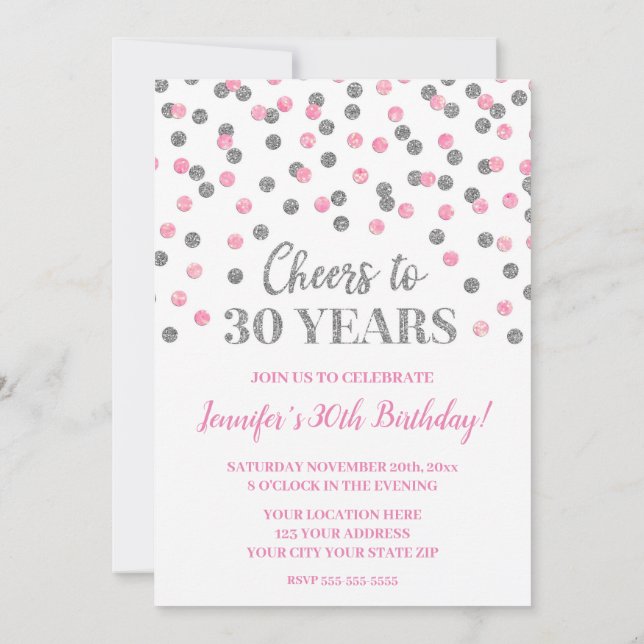Pink Silver Glitzer Confetti jubelt bis 30 Jahre Einladung (Rückseite)