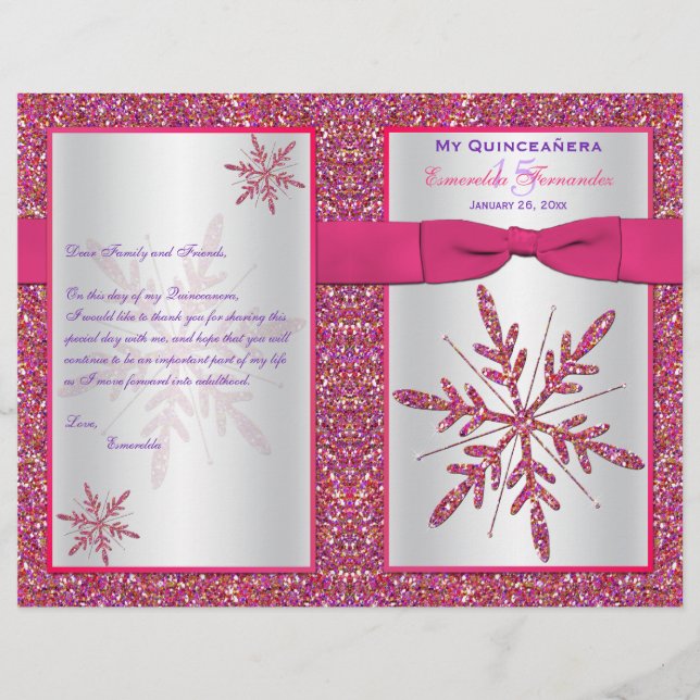 Pink Silver Glitzer Snowflakes Quinceañera Program (Vorderseite)