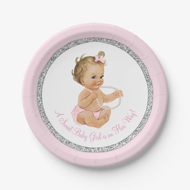 Pink Silver Gray Pearl Girl Babydusche Pappteller (Vorderseite)