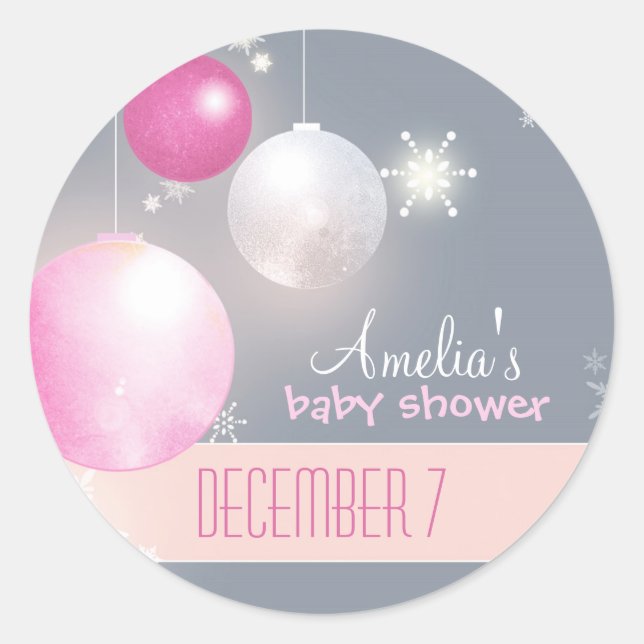 Pink Silver Gray Winter Baby Girl Dusche Runder Aufkleber (Vorderseite)