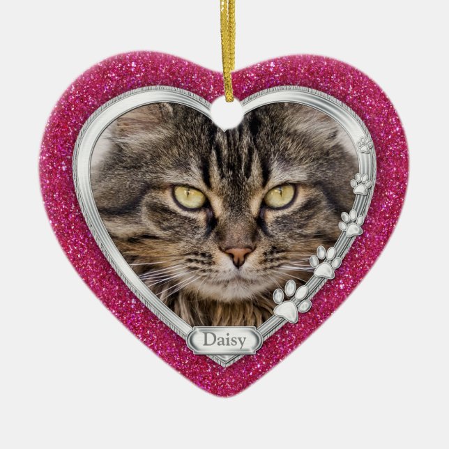 Pink Silver Heart Pet Cat Memorial Foto Weihnachte Keramik Ornament (Vorne)
