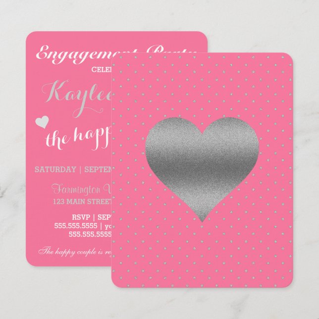 Pink & Silver Heart Polka Dot Brautparty Party Einladung (Vorne/Hinten)