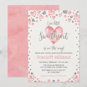 Pink Silver Hearts Sweetheart Girl Baby Dusche Einladung