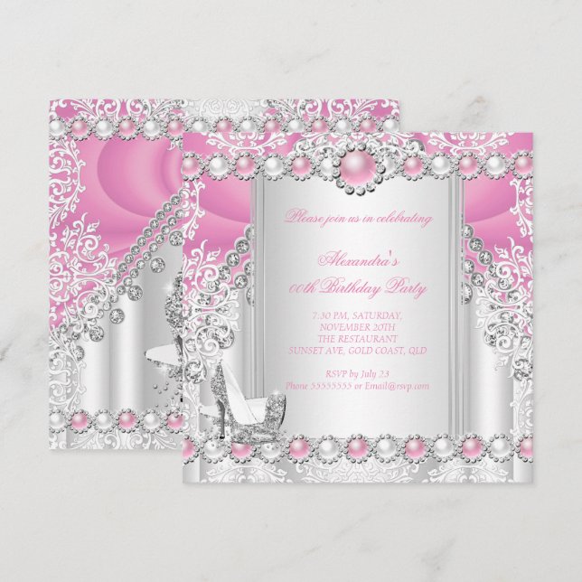 Pink Silver High Heels Pearl Birthday Party 3 Einladung (Vorne/Hinten)