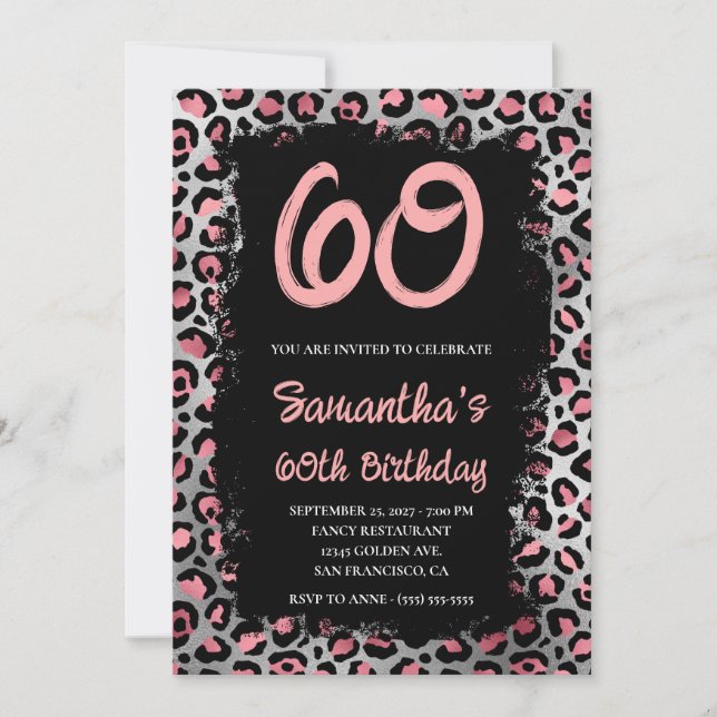 Pink Silver Leopard Painted Black 60. Geburtstag Einladung (Vorderseite)