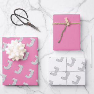 Pink Silver Letter J Geschenkpapier Set