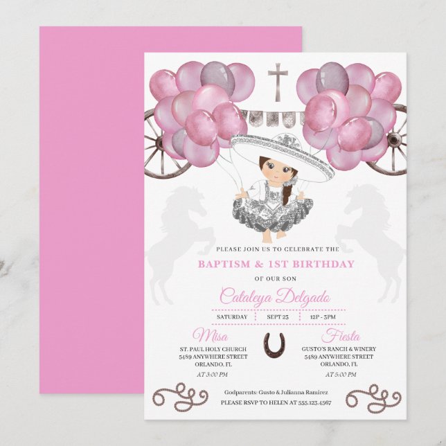Pink Silver Mexican Baby Charra Balloons Taufe Einladung (Vorne/Hinten)