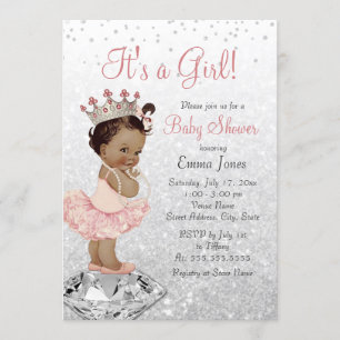 Pink Silver Princess African American Baby Dusche Einladung