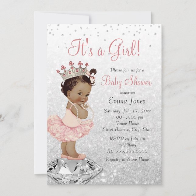 Pink Silver Princess African American Baby Shooter Einladung (Vorderseite)