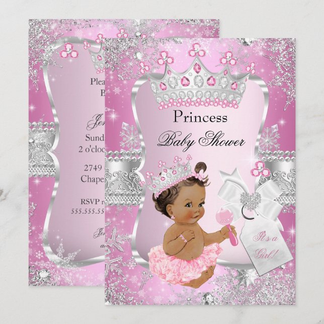 Pink Silver Princess Baby Dusche Brünett Girl Einladung (Vorne/Hinten)