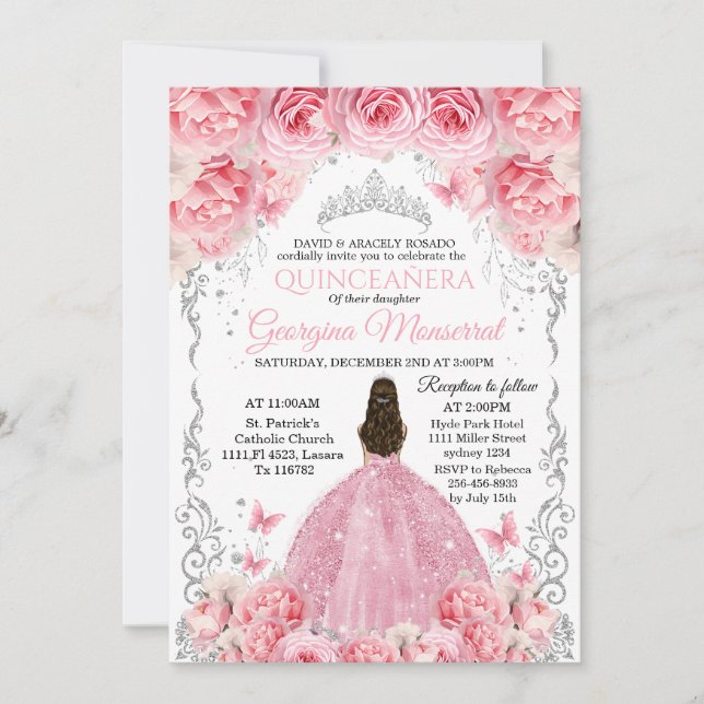 Pink Silver Quinceañera Einladung Blumendesign (Vorderseite)