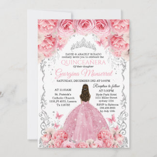 Pink Silver Quinceañera Einladung Blumendesign