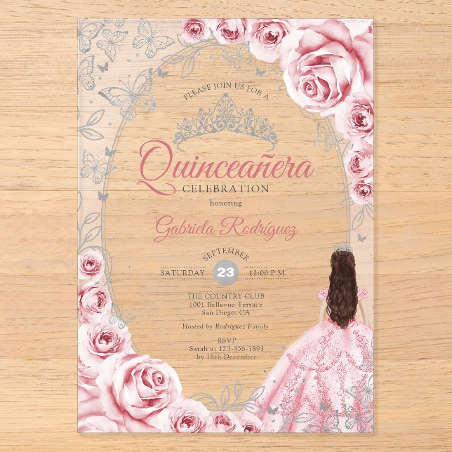 Pink Silver Quinceanera Floral Acryleinladungen (Vorderseite)