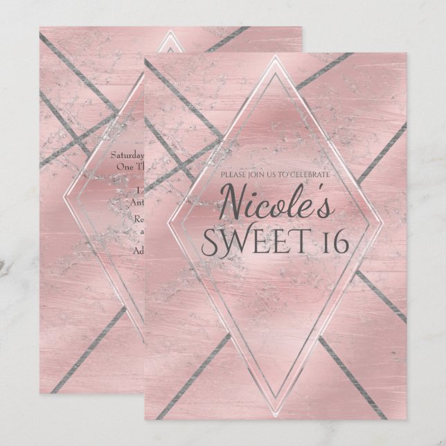 Pink & Silver Satin Sparkle Glam Sweet 16 Party Einladung (Vorne/Hinten)