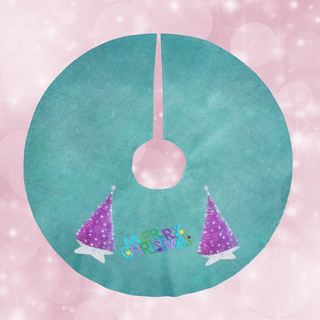 Pink Silver Shiny Trees Merry Christmas Colourful Polyester Weihnachtsbaumdecke (Colourful Merry Christmas text pink and silver shiny trees white stars on teal Christmas tree skirt.)