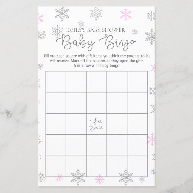 Pink Silver Snowflake Baby Showgame PRINZIERT (Vorderseite)