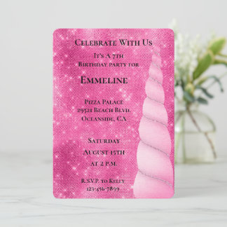 Pink Silver Sparkle Glam Unicorn Geburtstag Einladung