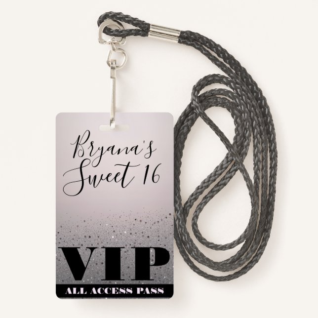 Pink Silver Sparkle Glitzer Glam Sweet 16 VIP Pass Ausweis (Vorderseite mit Schlüsselband)