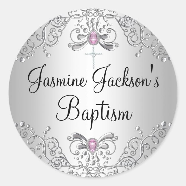 Pink & Silver Sparkle Jewel Taufen Sticker (Vorderseite)