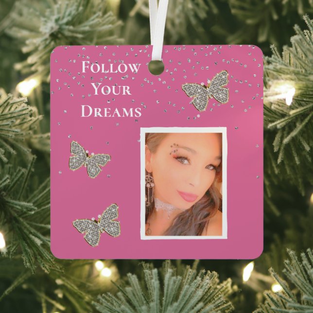 Pink Silver Sparkle Schmetterlinge Ihr Foto Ornament Aus Metall (InSitu)