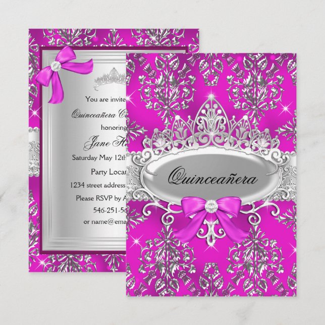 Pink Silver Tiara Damask Quinceanera Einladung (Vorne/Hinten)