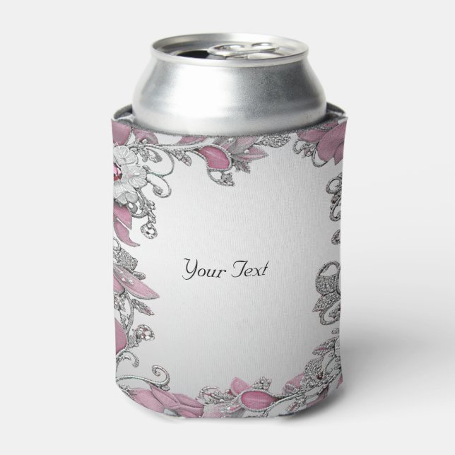 Pink Silver Weiß Floral Gefallen kann kühler Dosenkühler (Kanne Vorderseite)