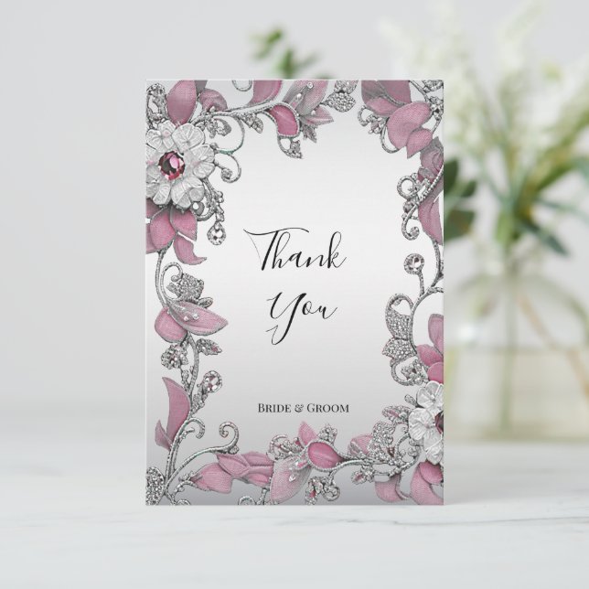 Pink Silver White Floral Danke Karte (Stehend Vorderseite)