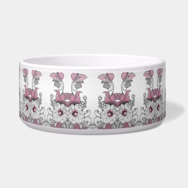 Pink Silver White Floral Keramik Pet Bowl Napf (Vorderseite)