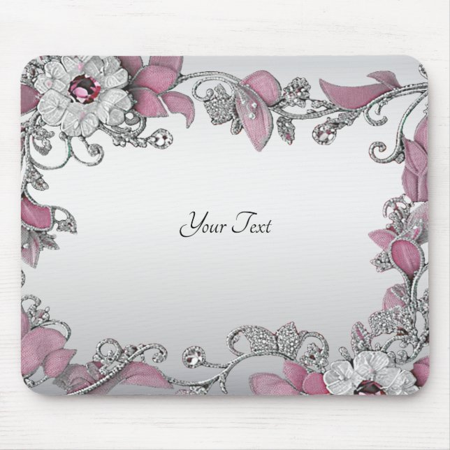 Pink Silver White Floral Mousepad (Vorne)