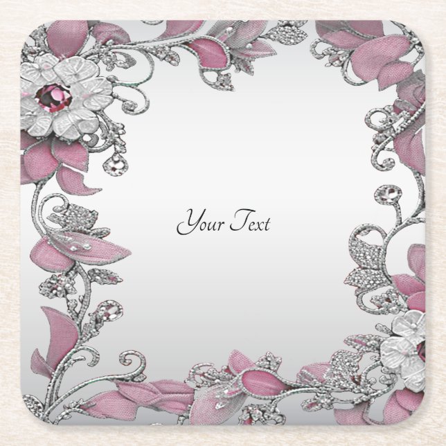 Pink Silver White Floral Paper Untersetzer (Vorderseite)