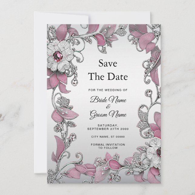 Pink Silver White Floral Save the Date (Vorderseite)