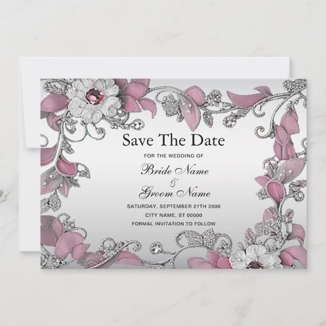Pink Silver White Floral Save the Date (Vorderseite)