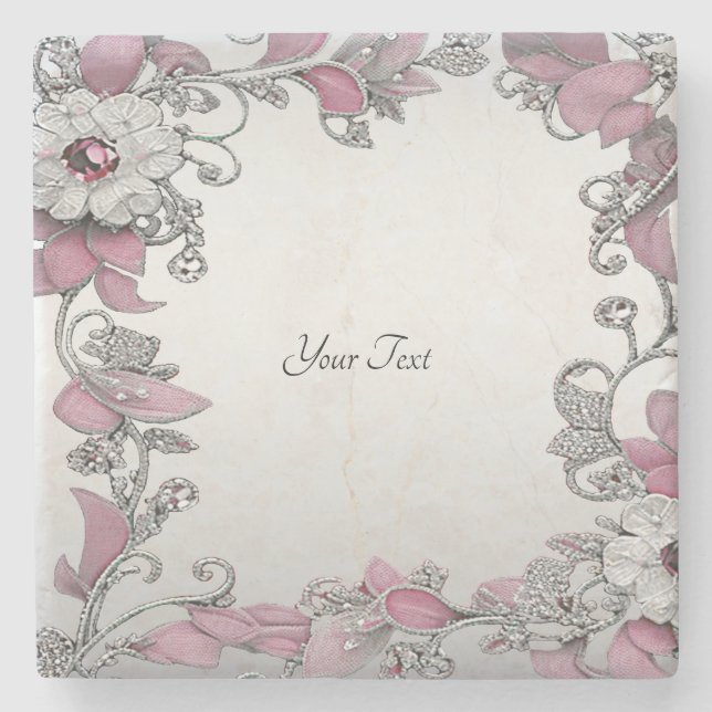 Pink Silver White Floral Stone Untersetzer (Vorderseite)