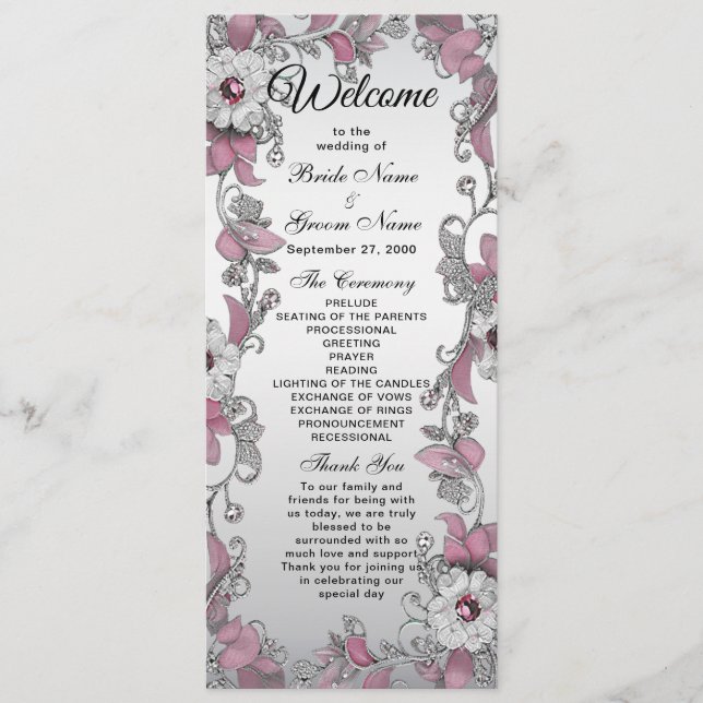 Pink Silver White Floral Wedding Programm (Vorderseite)