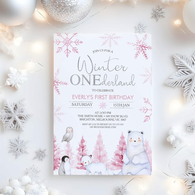 Pink Silver Winter Animals Onederland Birthday Einladung (Winter Onederland Birthday Invitations Girl, Arctic Animals Winter Onederland Invitation, Pink )