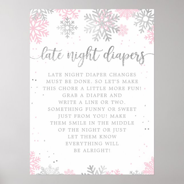 Pink Silver Winter Late Night Diapers Babydusche Poster (Vorne)