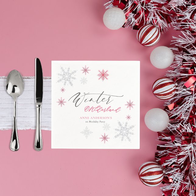 Pink Silver Winter Snowflakes 1st Birthday  Serviette (Von Creator hochgeladen)