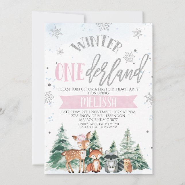 Pink Silver Woodland Onederland First Birthday Inv Einladung (Vorderseite)