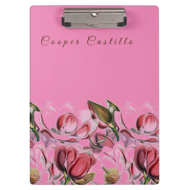 Pink Simple Beruflich Calligraphy Magnolias Klemmbrett (Vorderseite)